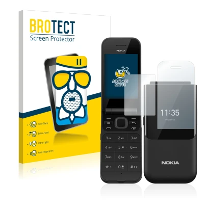 Vorderseite einer Produktverpackung mit dem Markenlogo BROTECT. Daneben ist das Gerät Nokia 2720 Flip mit dem zugehörigen Disp