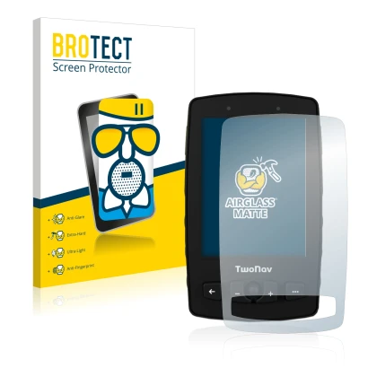 Vorderseite einer Produktverpackung mit dem Markenlogo BROTECT. Daneben ist das Gerät TwoNav Aventura 2 mit dem zugehörigen Di