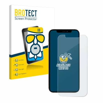 Vorderseite einer Produktverpackung mit dem Markenlogo BROTECT. Daneben ist das Gerät Apple iPhone 12 mit dem zugehörigen Disp