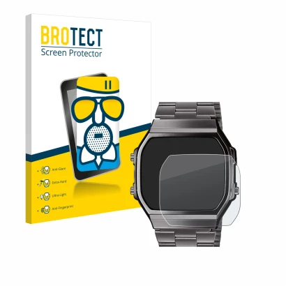 Vorderseite einer Produktverpackung mit dem Markenlogo BROTECT. Daneben ist das Gerät Casio A168WEGG-1BEF mit dem zugehörigen 