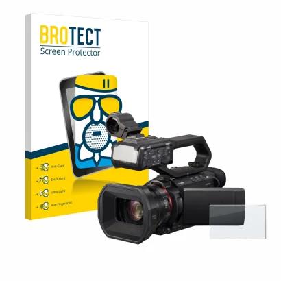 Vorderseite einer Produktverpackung mit dem Markenlogo BROTECT. Daneben ist das Gerät Panasonic HC-X1500 mit dem zugehörigen D