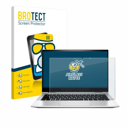 Vorderseite einer Produktverpackung mit dem Markenlogo BROTECT. Daneben ist das Gerät HP EliteBook x360 830 G8 mit dem zugehör