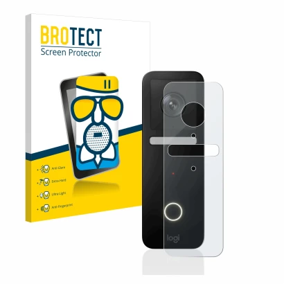 Vorderseite einer Produktverpackung mit dem Markenlogo BROTECT. Daneben ist das Gerät Logitech Circle View Doorbell mit dem zu