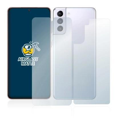 Abbildung des Geräts Samsung Galaxy S21 5G (Display+Rückseite) mit einer Vielzahl des Displayschutzes.