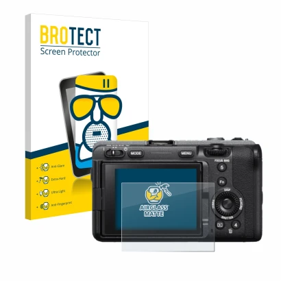 Vorderseite einer Produktverpackung mit dem Markenlogo BROTECT. Daneben ist das Gerät Sony FX3 mit dem zugehörigen Displayschu