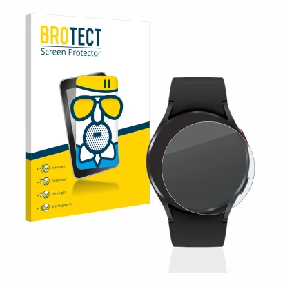 Vorderseite einer Produktverpackung mit dem Markenlogo BROTECT. Daneben ist das Gerät Samsung Galaxy Watch 4 (40mm) mit dem zu