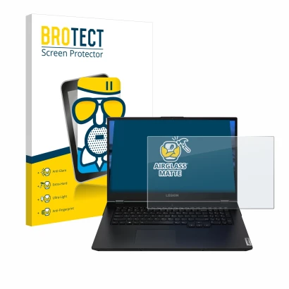 Vorderseite einer Produktverpackung mit dem Markenlogo BROTECT. Daneben ist das Gerät Lenovo Legion 5 15.6" mit dem zugehörige