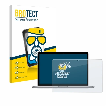 Vorderseite einer Produktverpackung mit dem Markenlogo BROTECT. Daneben ist das Gerät Apple MacBook Pro 13" M1 2020 mit dem zu