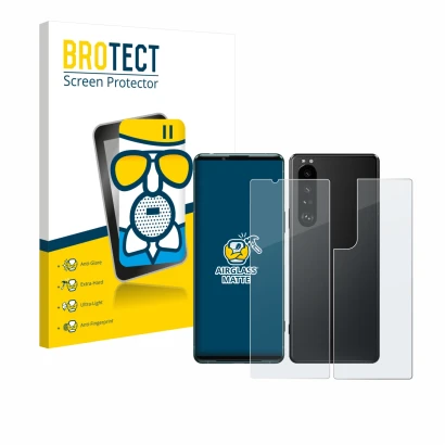 Vorderseite einer Produktverpackung mit dem Markenlogo BROTECT. Daneben ist das Gerät Sony Xperia 5 III (Display+Rückseite) mi