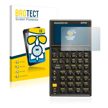 Vorderseite einer Produktverpackung mit dem Markenlogo BROTECT. Daneben ist das Gerät SwissMicros DM42 mit dem zugehörigen Dis