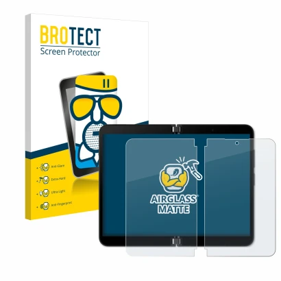 Vorderseite einer Produktverpackung mit dem Markenlogo BROTECT. Daneben ist das Gerät Microsoft Surface Duo 2 (Inneres Display