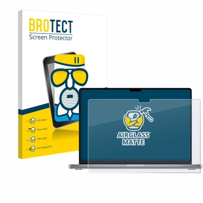 Vorderseite einer Produktverpackung mit dem Markenlogo BROTECT. Daneben ist das Gerät Apple MacBook Pro 16