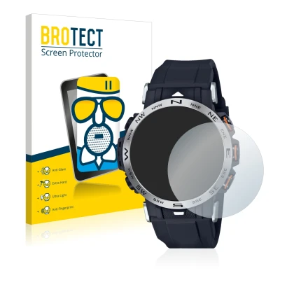 Vorderseite einer Produktverpackung mit dem Markenlogo BROTECT. Daneben ist das Gerät Casio Pro Trek PRW-30-1AER mit dem zugeh