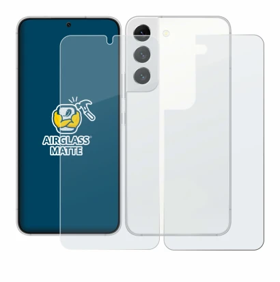 Abbildung des Geräts Samsung Galaxy S22 5G (Display+Rückseite) mit einer Vielzahl des Displayschutzes.