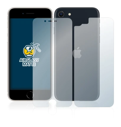 Abbildung des Geräts Apple iPhone SE 3 2022 (Display+Rückseite) mit einer Vielzahl des Displayschutzes.