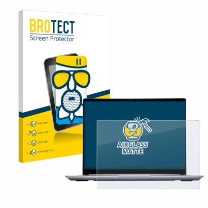 Vorderseite einer Produktverpackung mit dem Markenlogo BROTECT. Daneben ist das Gerät Framework Laptop 13 mit dem zugehörigen 