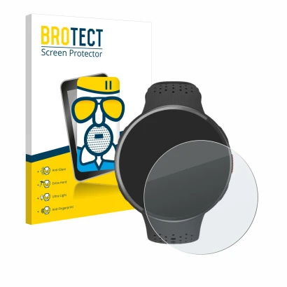 Vorderseite einer Produktverpackung mit dem Markenlogo BROTECT. Daneben ist das Gerät Polar Pacer Pro mit dem zugehörigen Disp