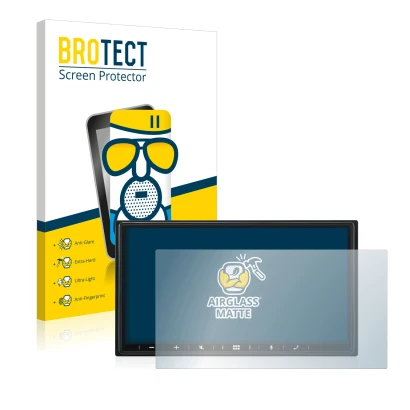 Vorderseite einer Produktverpackung mit dem Markenlogo BROTECT. Daneben ist das Gerät Alpine iLX-W690D mit dem zugehörigen Dis