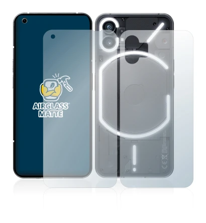 Abbildung des Geräts Nothing Phone (1) (Display+Rückseite) mit einer Vielzahl des Displayschutzes.