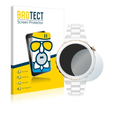 Vorderseite einer Produktverpackung mit dem Markenlogo BROTECT. Daneben ist das Gerät Huawei Watch GT 3 Pro Ceramic (43mm) mit