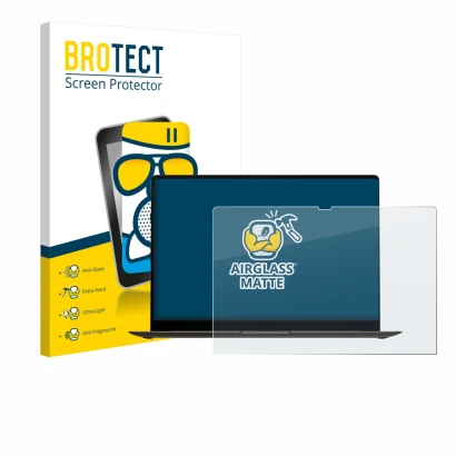 Vorderseite einer Produktverpackung mit dem Markenlogo BROTECT. Daneben ist das Gerät Samsung Galaxy Book3 Pro 16" mit dem zug