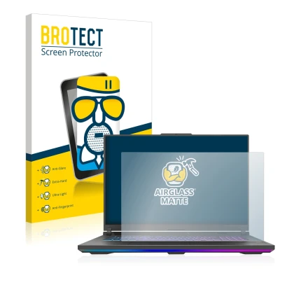 Vorderseite einer Produktverpackung mit dem Markenlogo BROTECT. Daneben ist das Gerät ASUS ROG Strix G18 G814 2023 mit dem zug