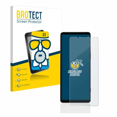 Vorderseite einer Produktverpackung mit dem Markenlogo BROTECT. Daneben ist das Gerät Sony Xperia 1 V mit dem zugehörigen Disp