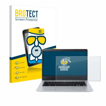 Vorderseite einer Produktverpackung mit dem Markenlogo BROTECT. Daneben ist das Gerät Acer Chromebook Spin 314 CB314-2HT mit d