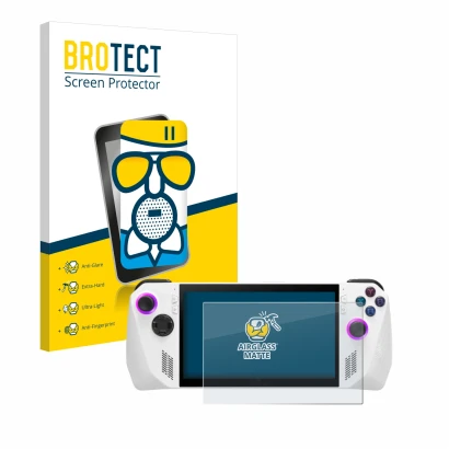 Vorderseite einer Produktverpackung mit dem Markenlogo BROTECT. Daneben ist das Gerät ASUS ROG Ally (2023) RC71L mit dem zugeh