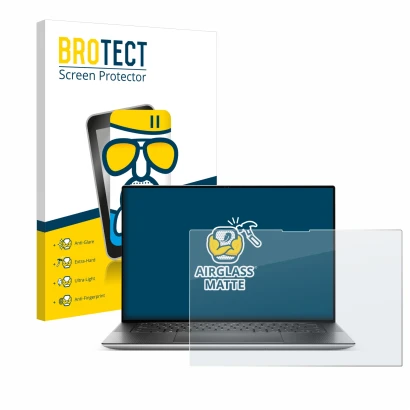 Vorderseite einer Produktverpackung mit dem Markenlogo BROTECT. Daneben ist das Gerät Dell XPS 15 9530 Touch mit dem zugehörig