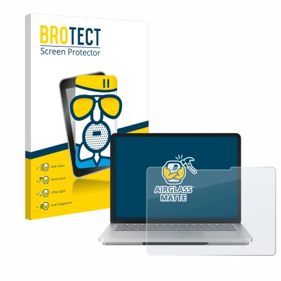 Vorderseite einer Produktverpackung mit dem Markenlogo BROTECT. Daneben ist das Gerät Microsoft Surface Laptop Studio 2 mit de