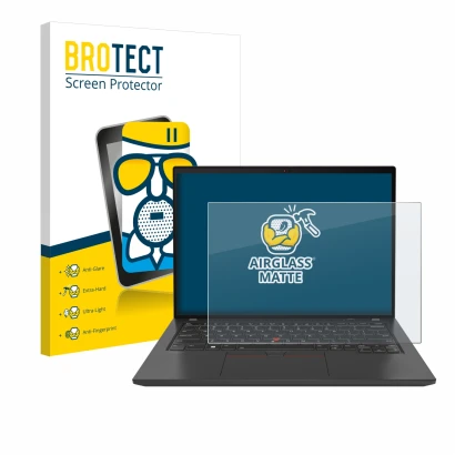 Vorderseite einer Produktverpackung mit dem Markenlogo BROTECT. Daneben ist das Gerät Lenovo ThinkPad T16 Gen 3 mit dem zugehö