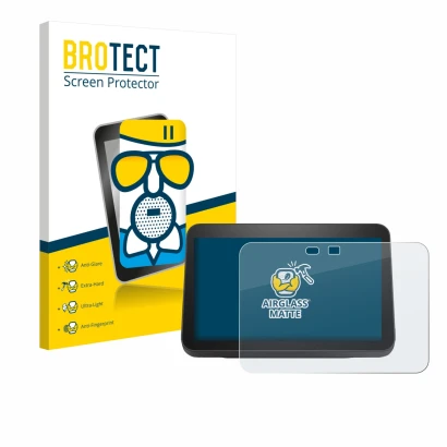 Vorderseite einer Produktverpackung mit dem Markenlogo BROTECT. Daneben ist das Gerät Amazon Echo Show 8 2023 (3. Gen.) mit de