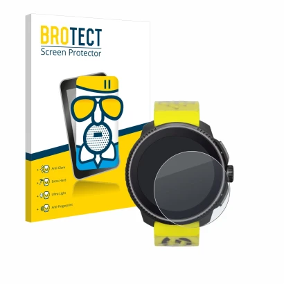 Vorderseite einer Produktverpackung mit dem Markenlogo BROTECT. Daneben ist das Gerät Suunto Race mit dem zugehörigen Displays