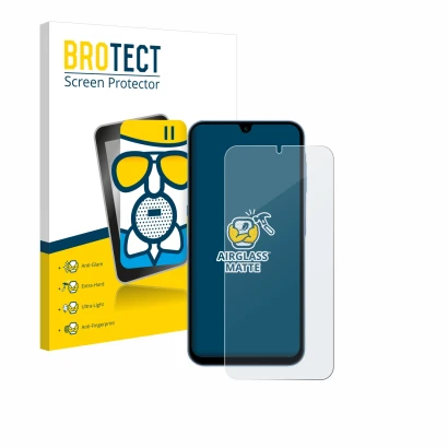 Vorderseite einer Produktverpackung mit dem Markenlogo BROTECT. Daneben ist das Gerät Samsung Galaxy A15 mit dem zugehörigen D