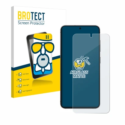 Vorderseite einer Produktverpackung mit dem Markenlogo BROTECT. Daneben ist das Gerät Samsung Galaxy S24 mit dem zugehörigen D