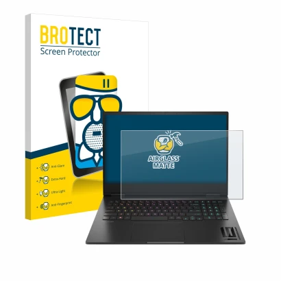 Vorderseite einer Produktverpackung mit dem Markenlogo BROTECT. Daneben ist das Gerät HP Omen 16 2024 mit dem zugehörigen Disp