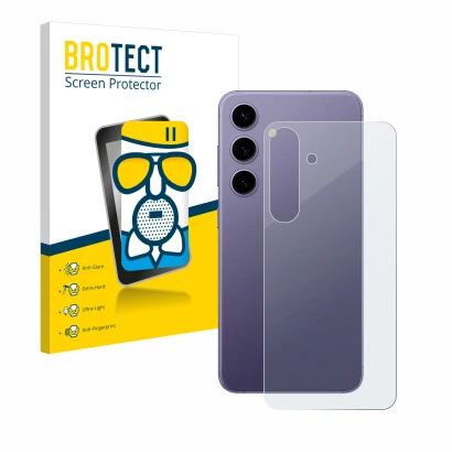 Vorderseite einer Produktverpackung mit dem Markenlogo BROTECT. Daneben ist das Gerät Samsung Galaxy S24 (Rückseite) mit dem z