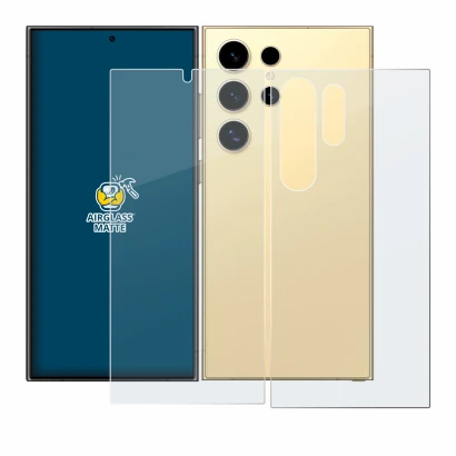 Abbildung des Geräts Samsung Galaxy S24 Ultra (case-friendly) (Display+Rückseite) mit einer Vielzahl des Displayschutzes.