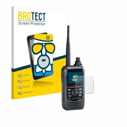 Vorderseite einer Produktverpackung mit dem Markenlogo BROTECT. Daneben ist das Gerät Icom IC-R15 mit dem zugehörigen Displays