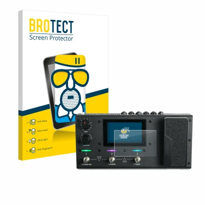 Vorderseite einer Produktverpackung mit dem Markenlogo BROTECT. Daneben ist das Gerät Headrush MX5 mit dem zugehörigen Display