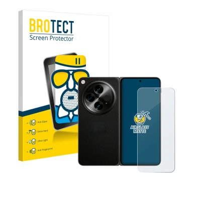 Vorderseite einer Produktverpackung mit dem Markenlogo BROTECT. Daneben ist das Gerät OnePlus Open (case-friendly) mit dem zug