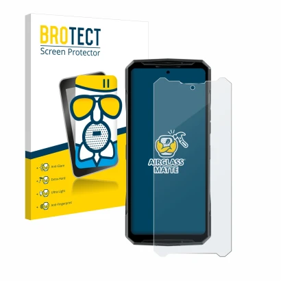 Vorderseite einer Produktverpackung mit dem Markenlogo BROTECT. Daneben ist das Gerät Doogee DK10 mit dem zugehörigen Displays