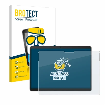 Vorderseite einer Produktverpackung mit dem Markenlogo BROTECT. Daneben ist das Gerät Microsoft Surface Pro 10 mit dem zugehör