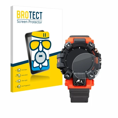 Vorderseite einer Produktverpackung mit dem Markenlogo BROTECT. Daneben ist das Gerät Casio G-Shock GW-9500 mit dem zugehörige