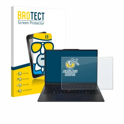 Vorderseite einer Produktverpackung mit dem Markenlogo BROTECT. Daneben ist das Gerät Lenovo ThinkPad X1 Carbon Gen 12 14" mit