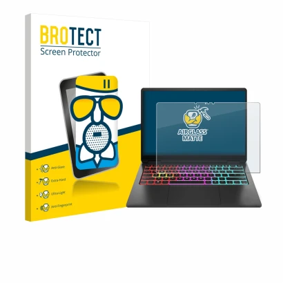 Vorderseite einer Produktverpackung mit dem Markenlogo BROTECT. Daneben ist das Gerät HP Omen Transcend 14 mit dem zugehörigen