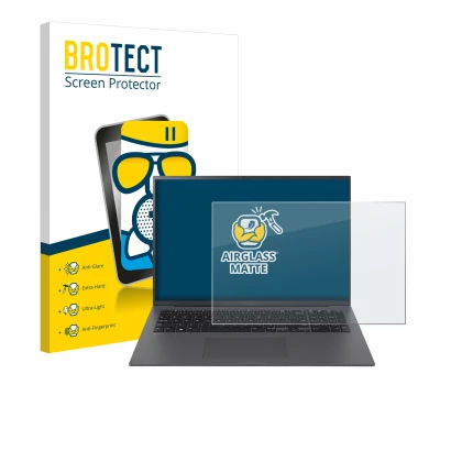 Vorderseite einer Produktverpackung mit dem Markenlogo BROTECT. Daneben ist das Gerät LG gram 17" 2024 mit dem zugehörigen Dis