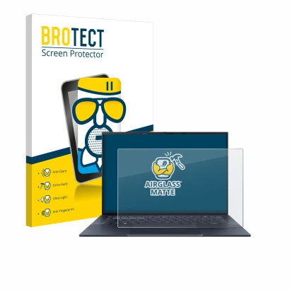 Vorderseite einer Produktverpackung mit dem Markenlogo BROTECT. Daneben ist das Gerät ASUS ExpertBook B9 B9403 mit dem zugehör