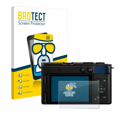 Vorderseite einer Produktverpackung mit dem Markenlogo BROTECT. Daneben ist das Gerät Panasonic Lumix DC-S9 mit dem zugehörige